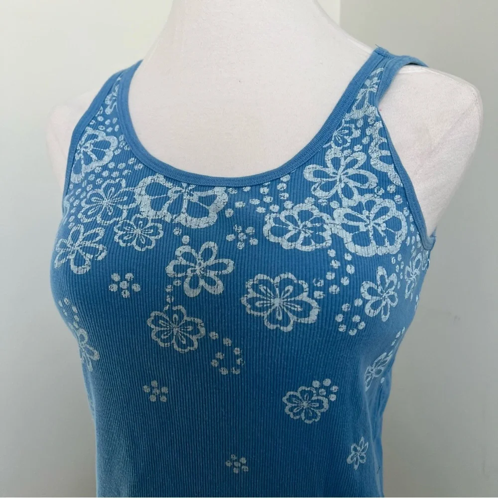 Y2K Blue Floral Tank Top Baby Tee Style White Flower Graphic Camisole XL - Picture 4 of 6